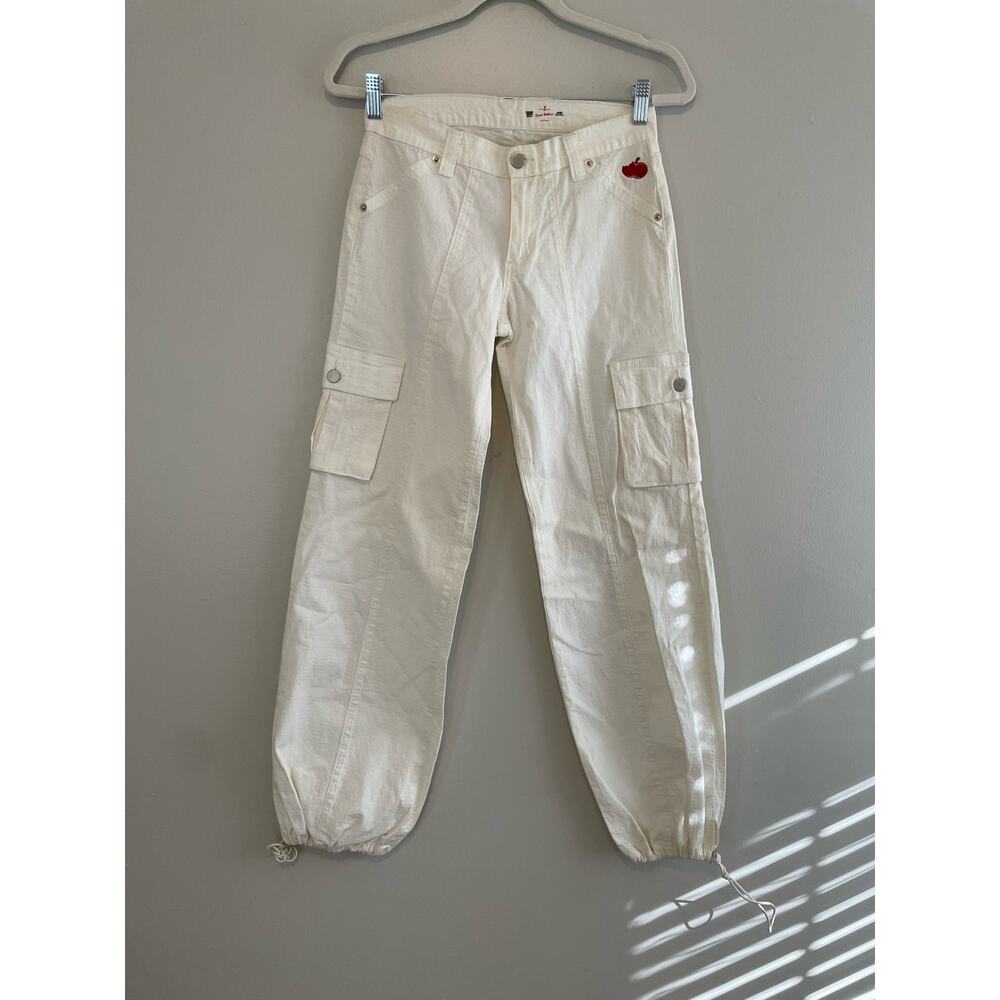 Apple Bottoms Size 6 White Cotton Cargo Pants Embroidered Apple Drawstring Cuffs